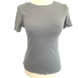 LOMON Blue Ribbed Knit Lettuce Edge Short Sleeve‎ T-Shirt Top Flirty Coquette